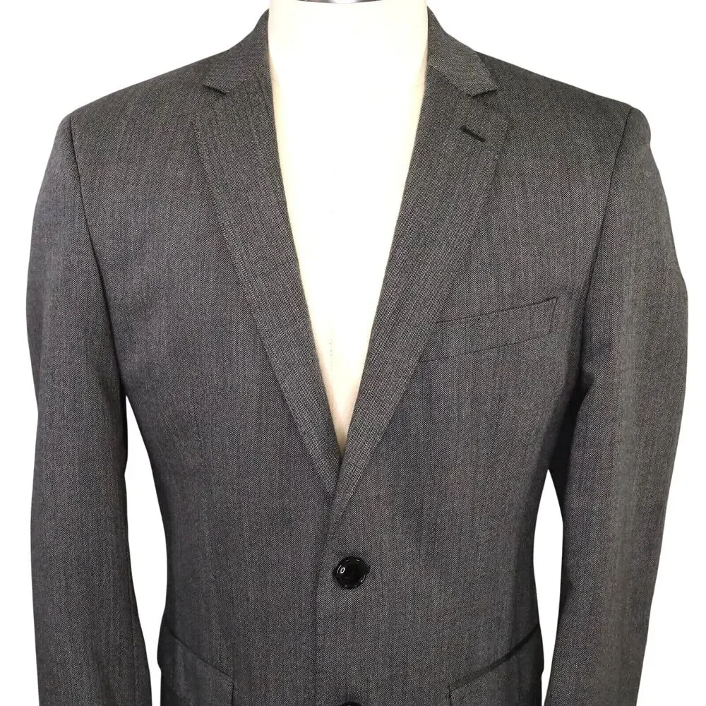 DKNY Sport Coat Mens 42L Gray Wool Herringbone Check Jacket Lined Blazer Career - Picture 8 of 16